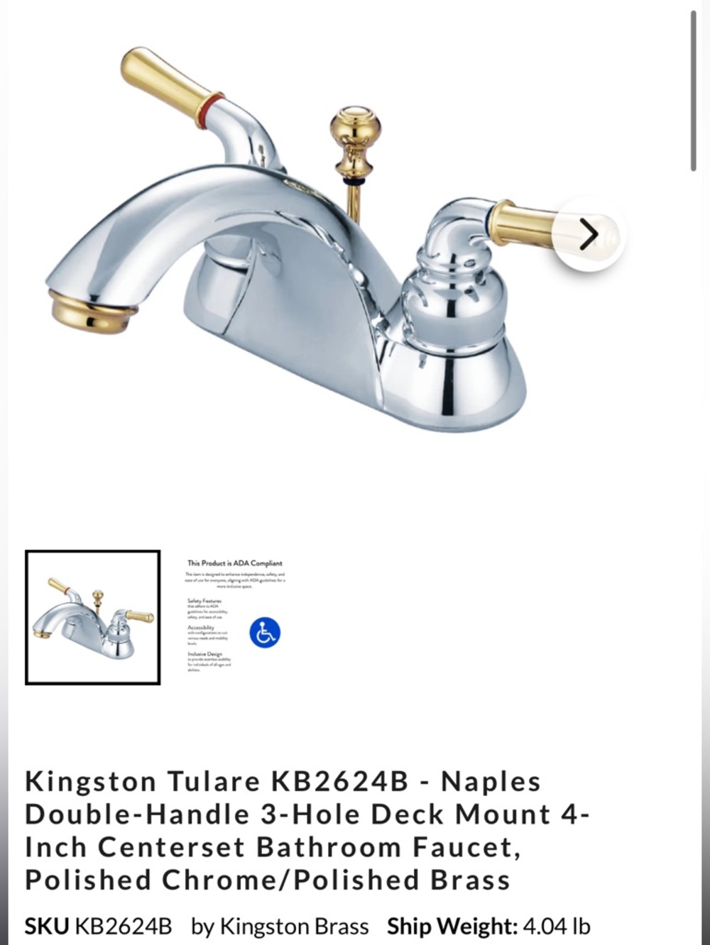Kingston Chrome and Gold Two-Handle Bathroom Naples Faucet 4” centerset. NIB